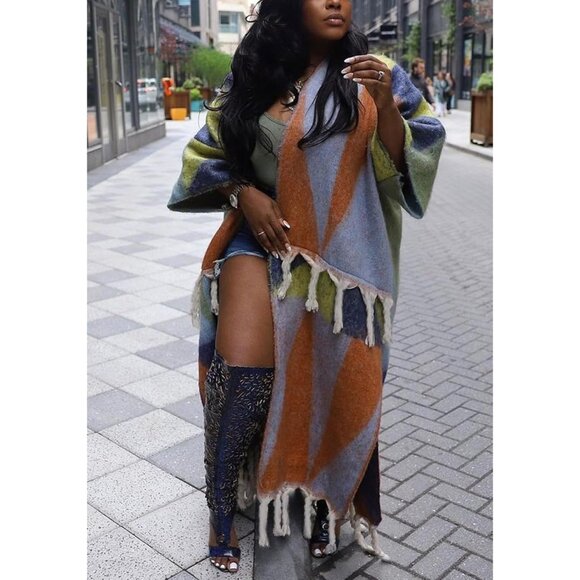 Women Long Open Front Sweater Cardigan Fringe Color Block Maxi Plus Size - Picture 2 of 6